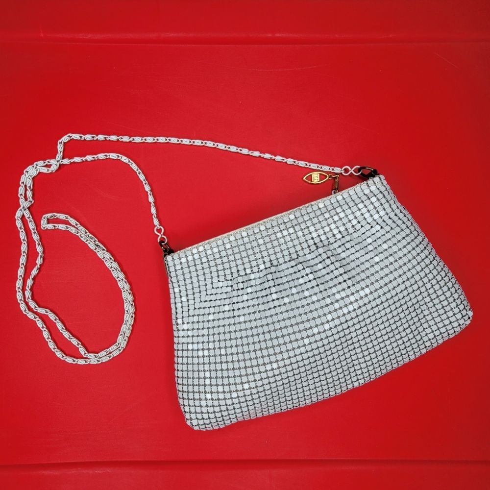 Vintage 80s Evening Bag White Metal Mesh Purse